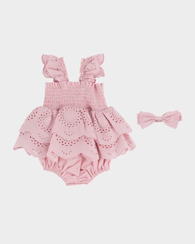 Girl's Smocked Eyelet Romper W/ Headband, Size 3M-24M